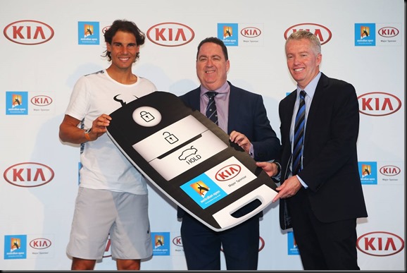 Kia Ambassador Rafael Nadal, Kia Motors Australia COO, Damien Meredith and Tennis Australia CEO, Craig Tiley Kia Ambassador Rafael Nadal, Kia Motors Australia COO, Damien Meredith and Tennis Australia CEO, Craig Tiley
