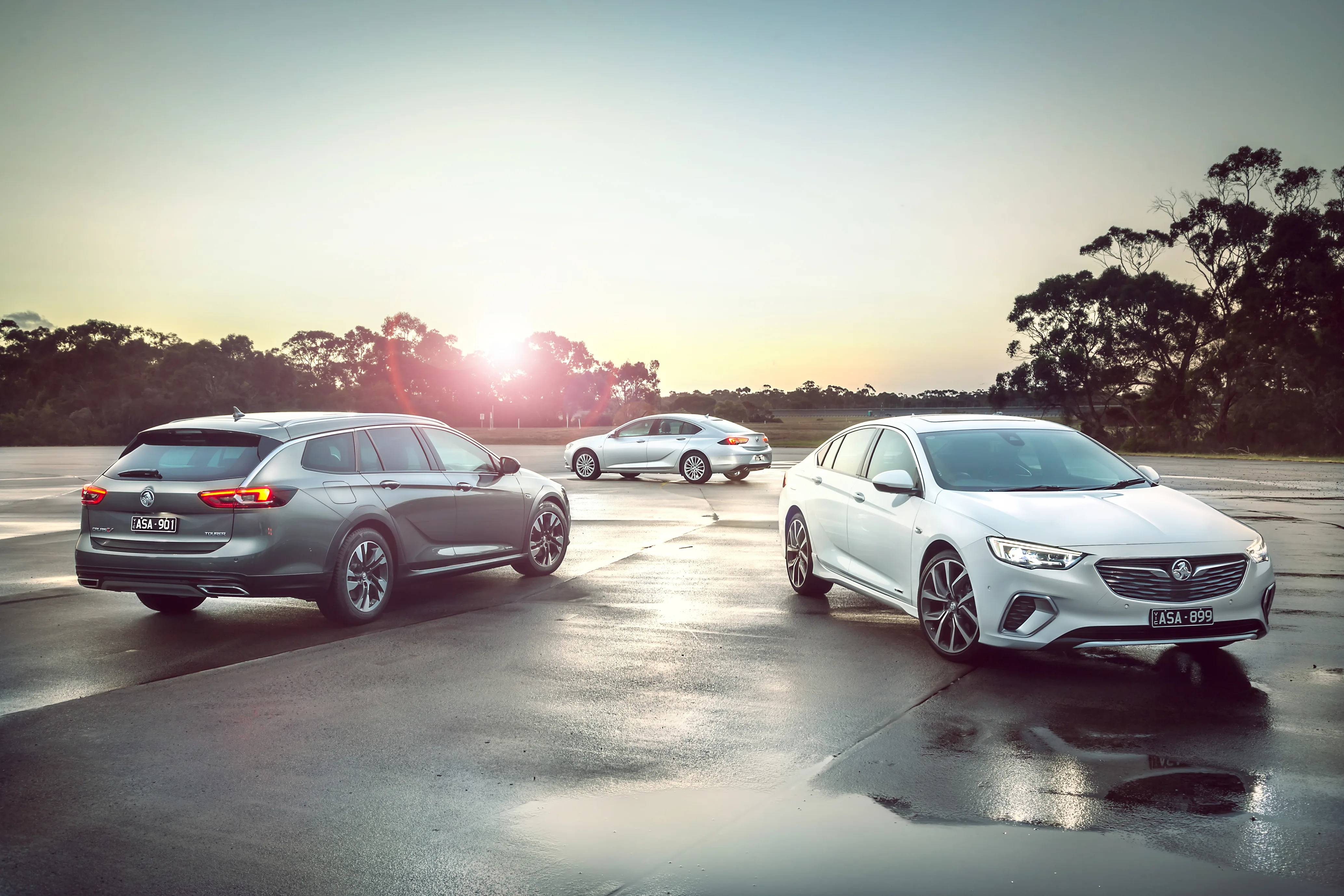 The 2018 Commodore VXR, Calais, and Calais-V Tourer models, shown in a low angle.