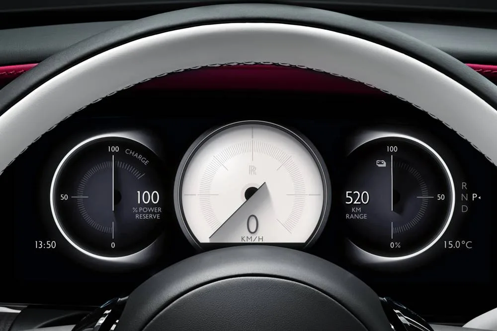 Interior of the electric Rolls Royce Spectre, showcasing its advanced technology and luxurious comfort.