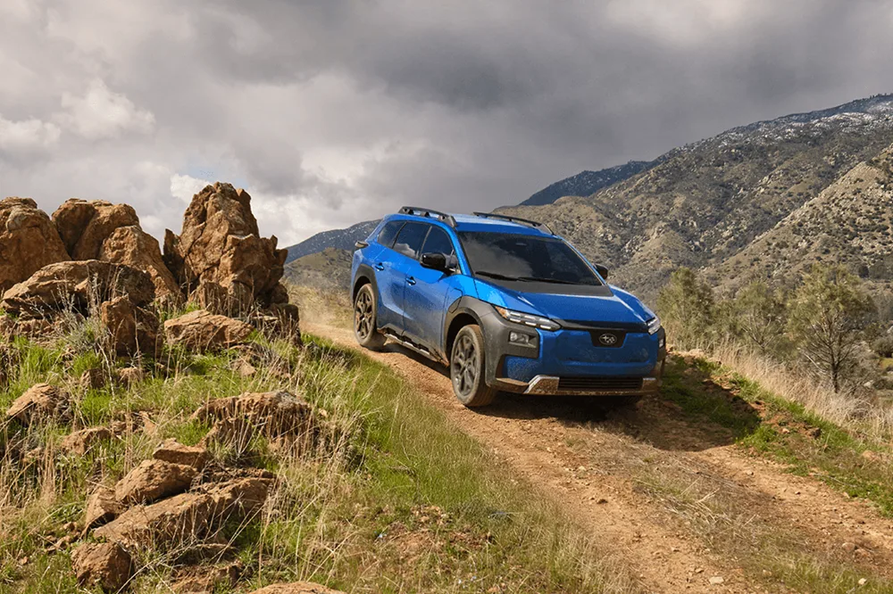 2026 Subaru Trailseeker electric SUV in silver showing rugged front styling