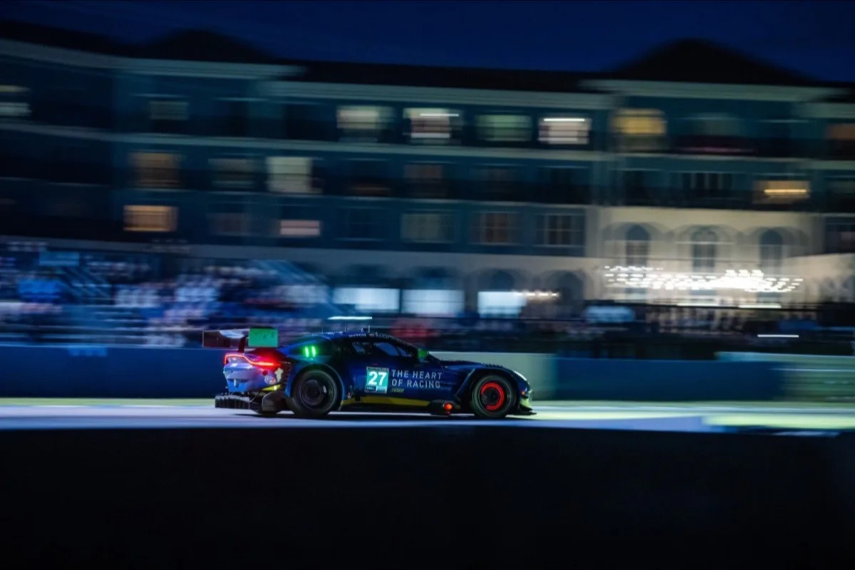 Aston Martin Vantage GT3 racing at night at 12 Hours of Sebring