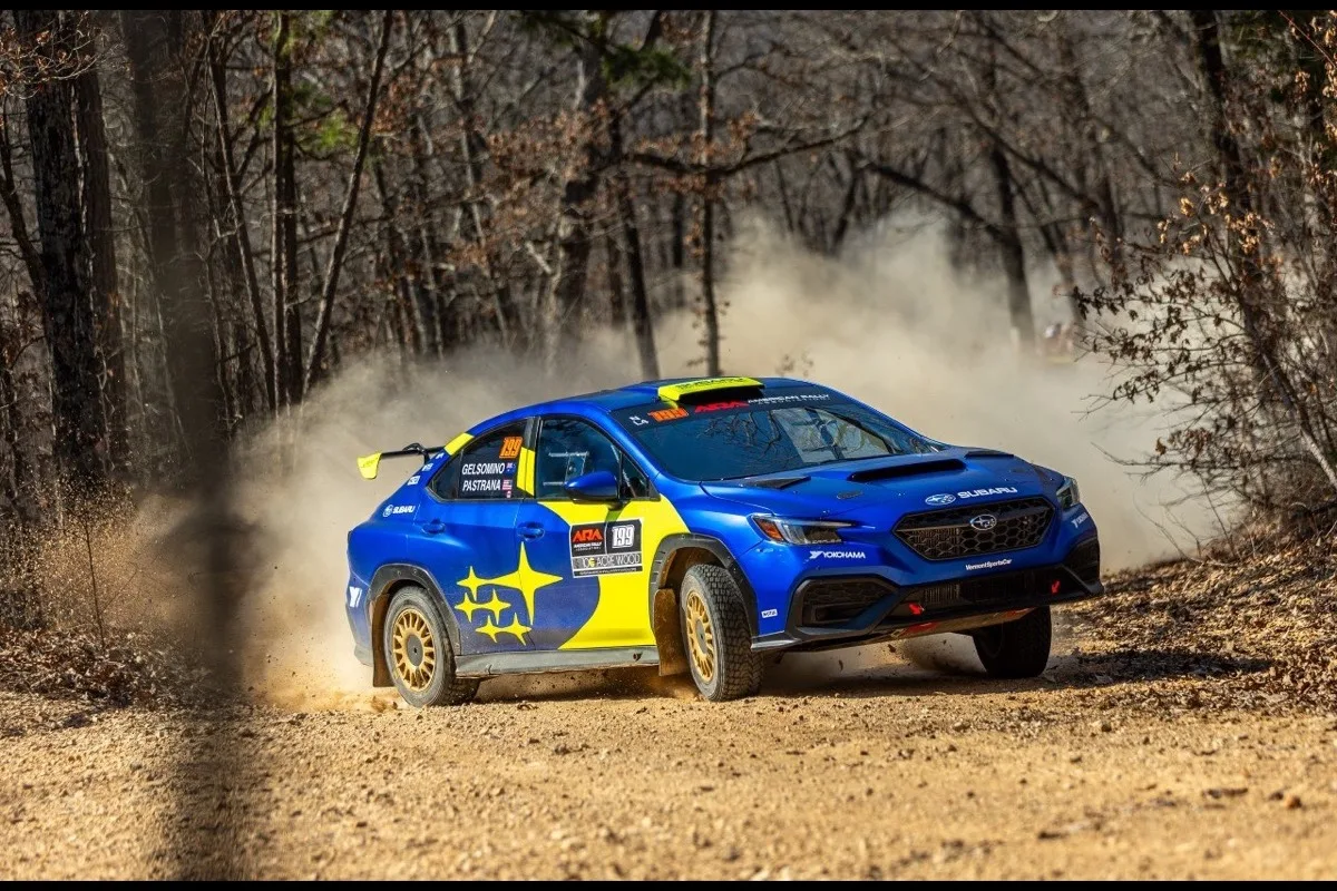 Travis Pastrana and Rhianon Gelsomino in Subaru WRX on gravel stage