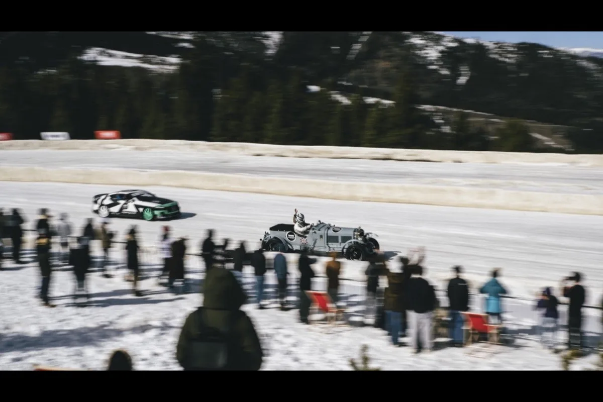 Bentley Supersports and Speed Six Continuation Series racing on ice track at FAT Ice Race Montana with spectators