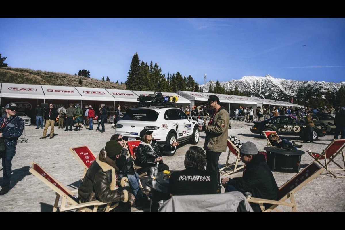 Bentley Bentayga X Concept with roof rack and go-kart in FAT Ice Race paddock area with spectators