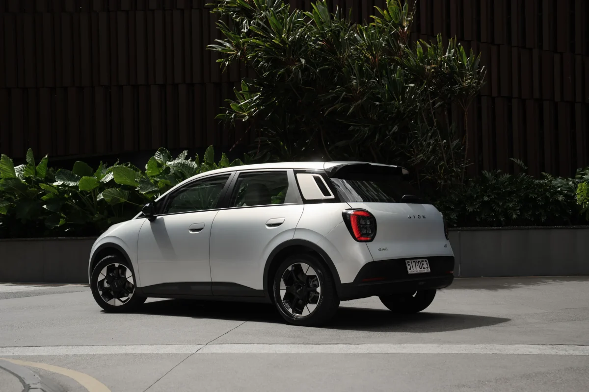 2026 GAC AION UT Luxury compact EV rear three-quarter view showing AION badge and segmented tail lights