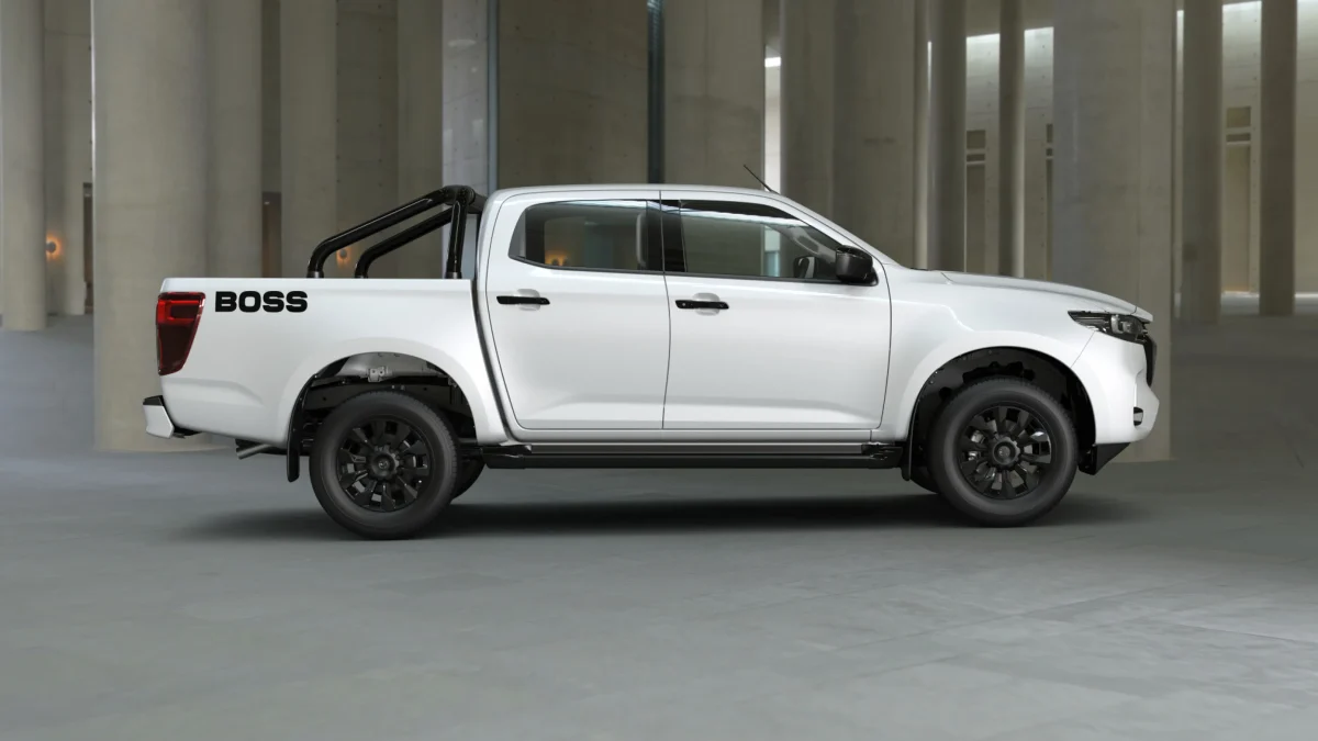 2026 Mazda BT-50 Boss dual cab ute side profile showing Boss decal and black sports bar