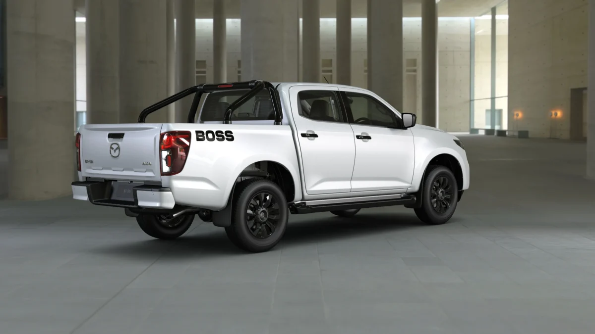 2026 Mazda BT-50 Boss dual cab ute rear three-quarter view in Ice White