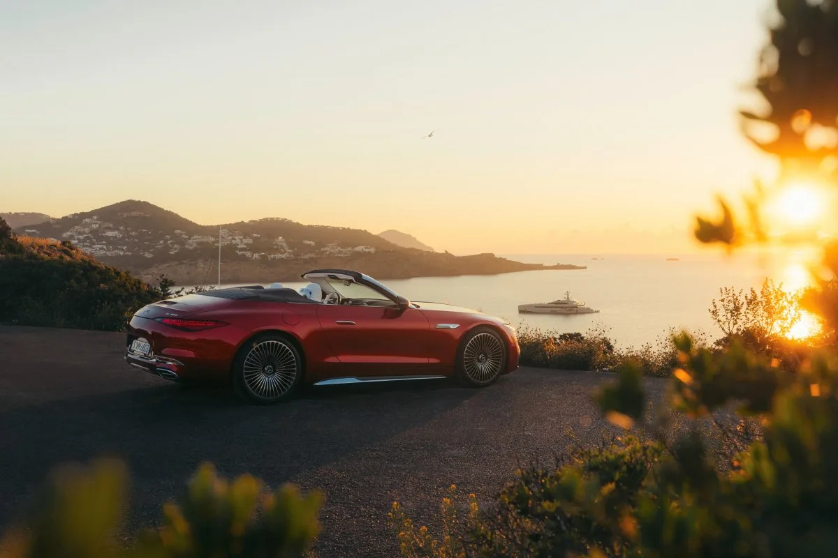 Mercedes-Maybach SL 680 red on a coastline