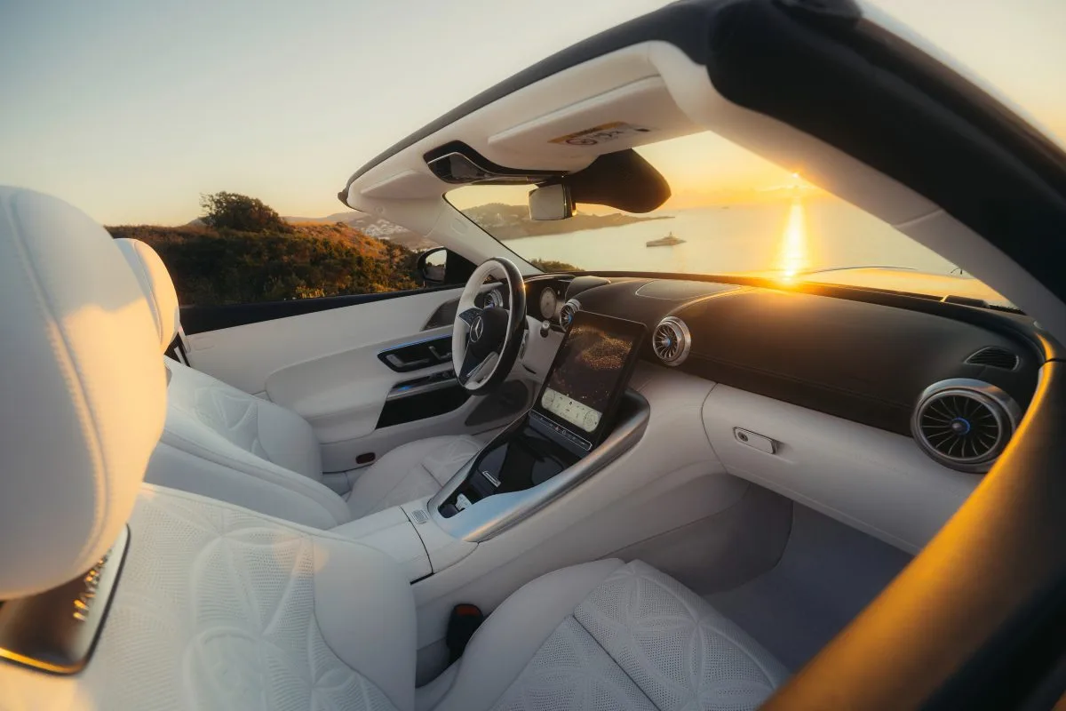 Mercedes-Maybach SL 680 red interior view on a coastline