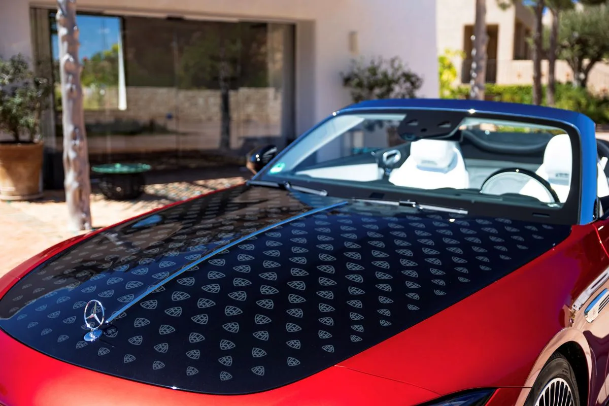 Mercedes-Maybach SL 680 red monogram b onnet detail on a californian bungalow driveway