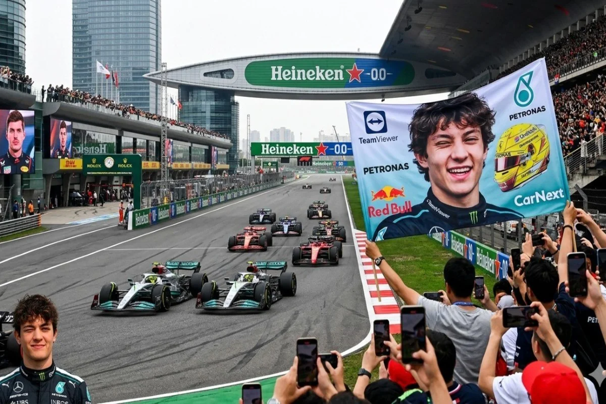 Kimi Antonelli Chinese Grand Prix 2026 fan banner and start grid