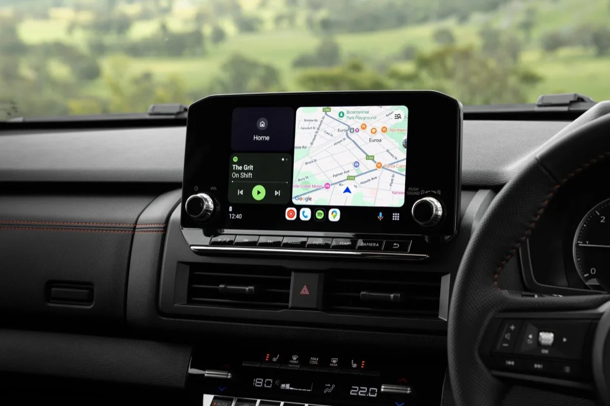 2026 Nissan Navara PRO-4X touchscreen displaying Android Auto with Google Maps