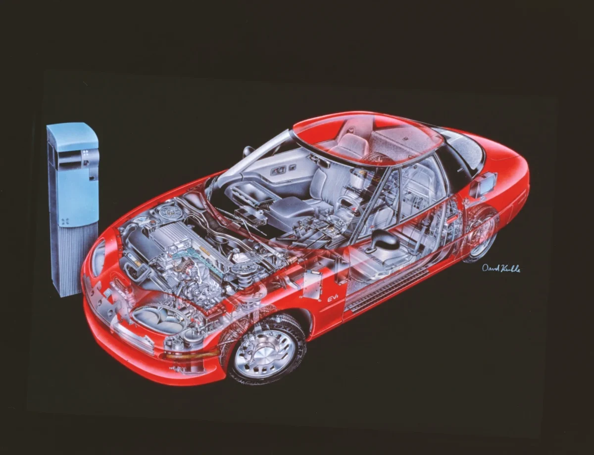 GM EV1 cutaway technical illustration showing electric motor battery pack and internal components by David Kimble