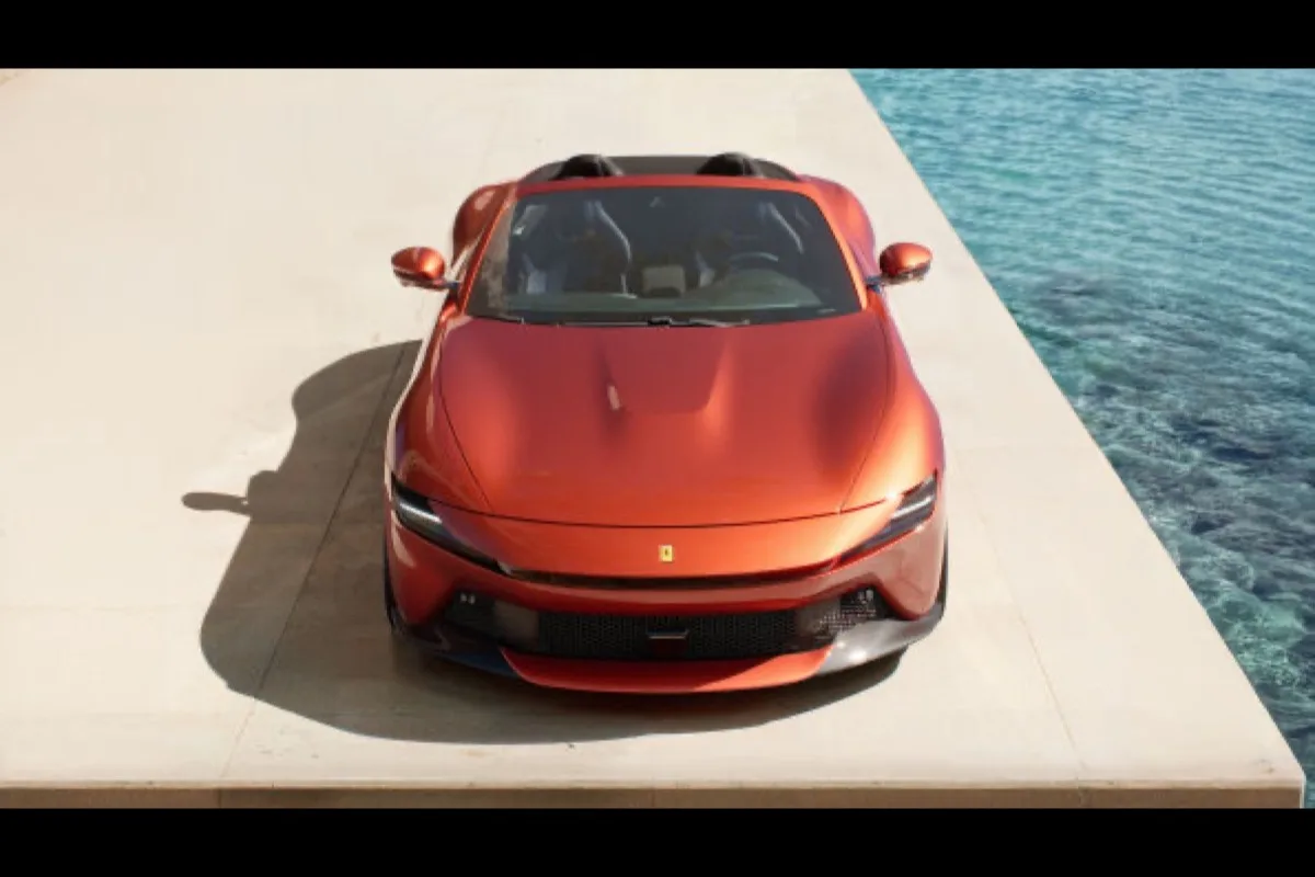 2026 Ferrari Amalfi Spider front view from above in Rosso Tramonto