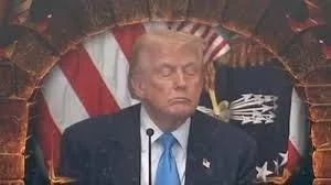 President Trump at podium with eyes closed