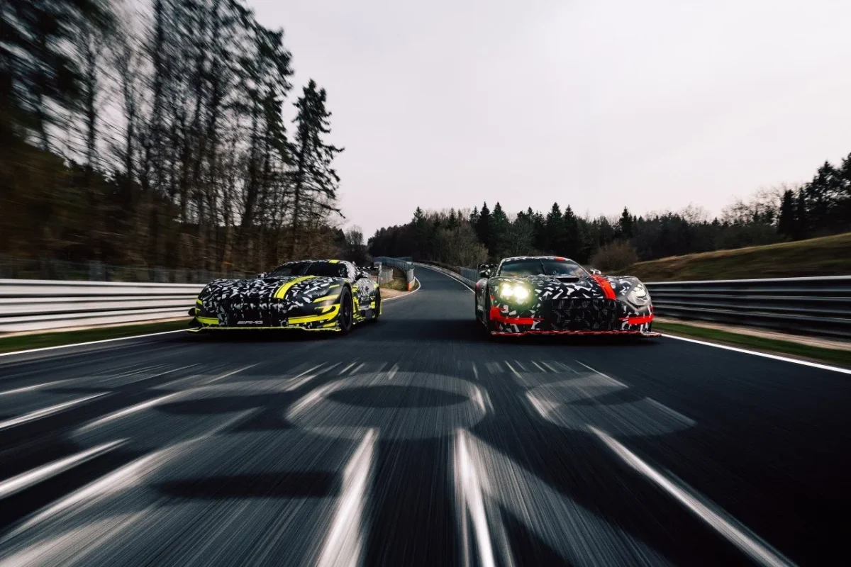 Mercedes-AMG GT Black Series and GT3 prototypes front view on track