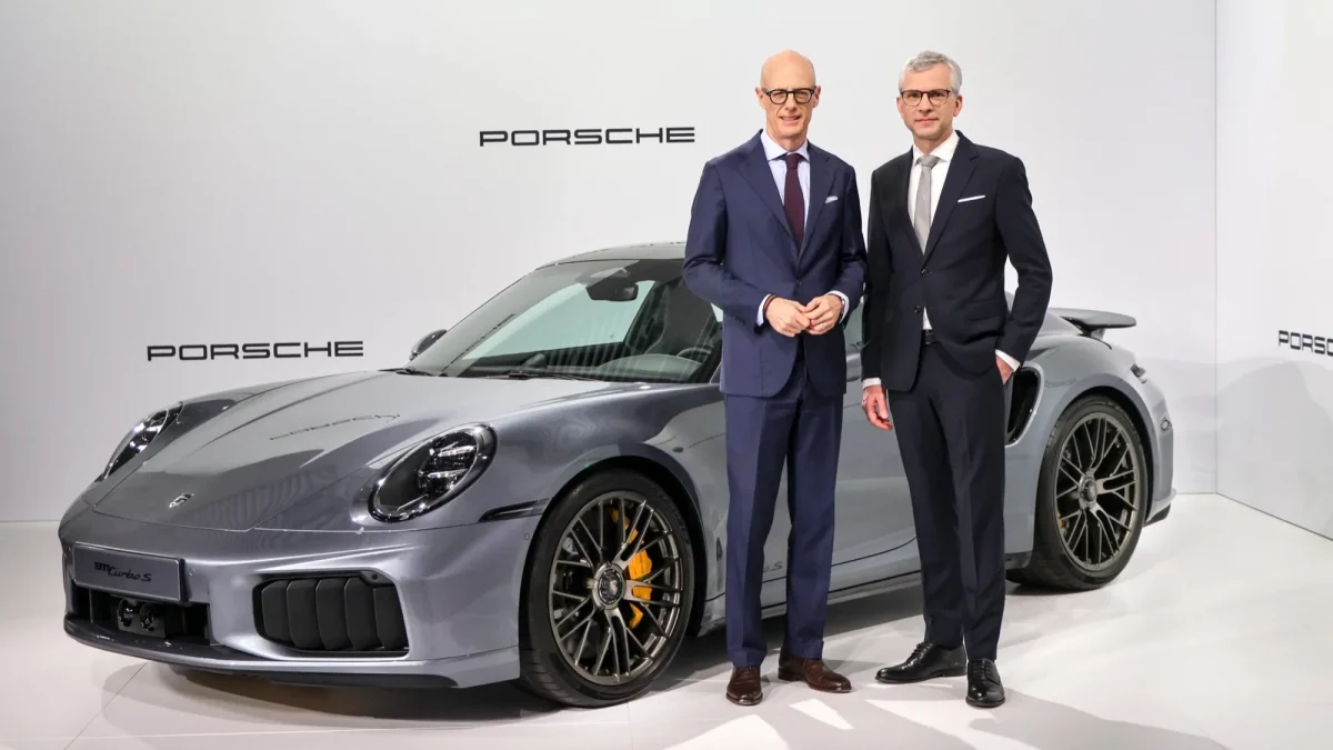Porsche CEO Dr Michael Leiters and CFO Dr Jochen Breckner with 911 Turbo S at annual press conference 2026