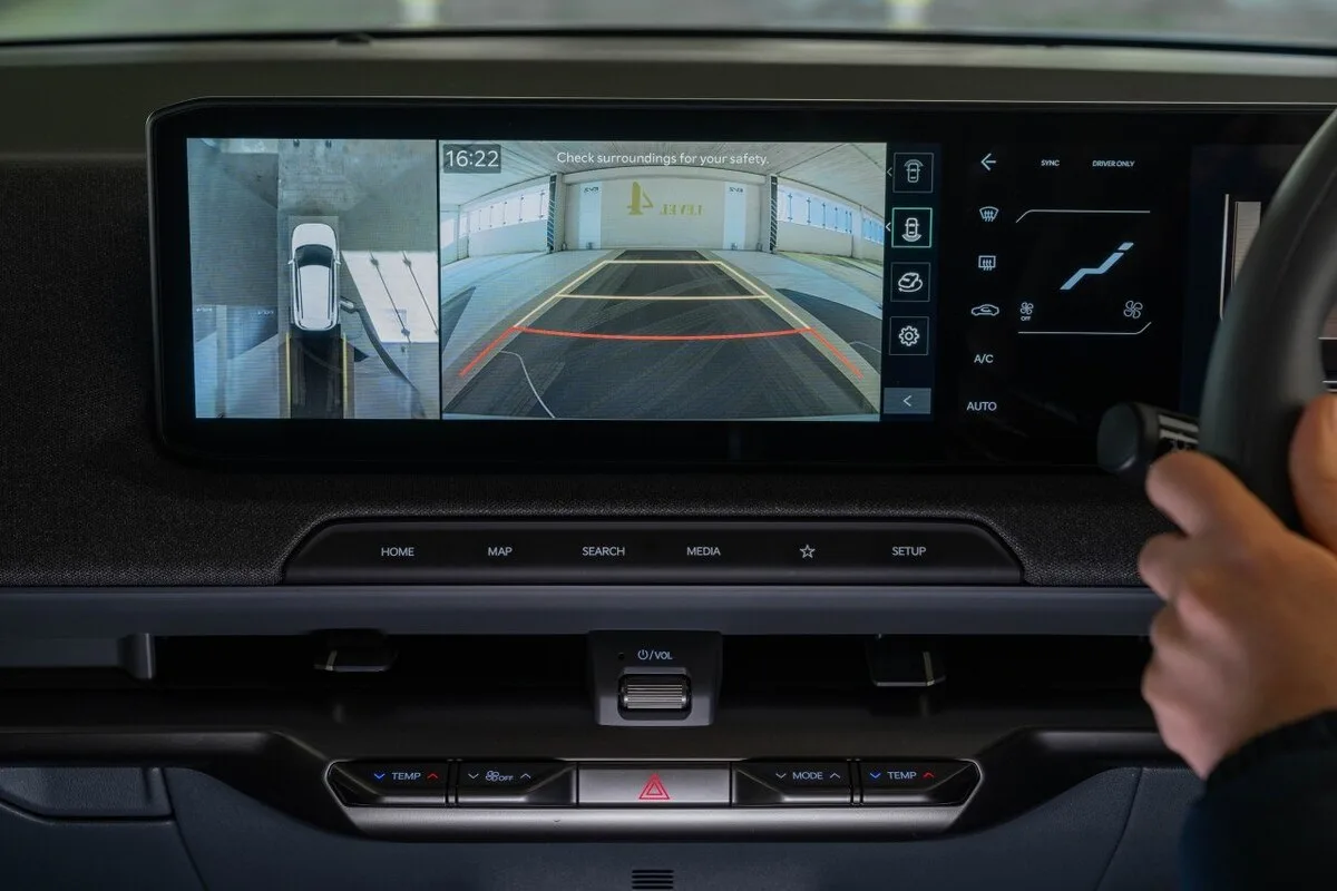 Kia EV2 infotainment screen showing 360-degree parking camera view with guidance lines