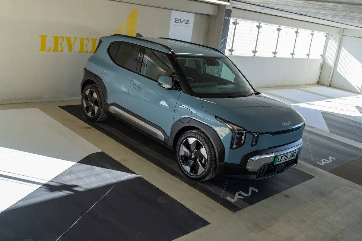 Blue Kia EV2 parked at EV2 Smart Park Level 4 Westquay Southampton