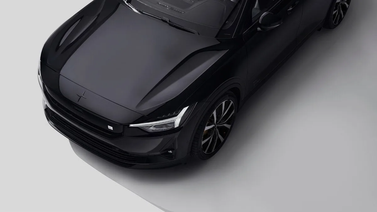 2026 Polestar 2 in black viewed from above showing front end and headlights