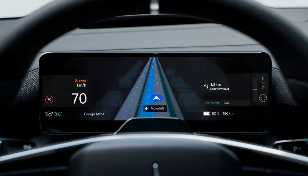 Polestar 4 driver display showing Google Maps live lane guidance feature