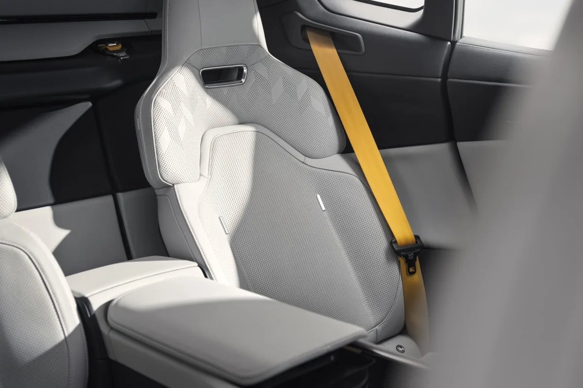 Polestar 5 sport seat with signature Swedish gold seatbelt and panoramic glass roof