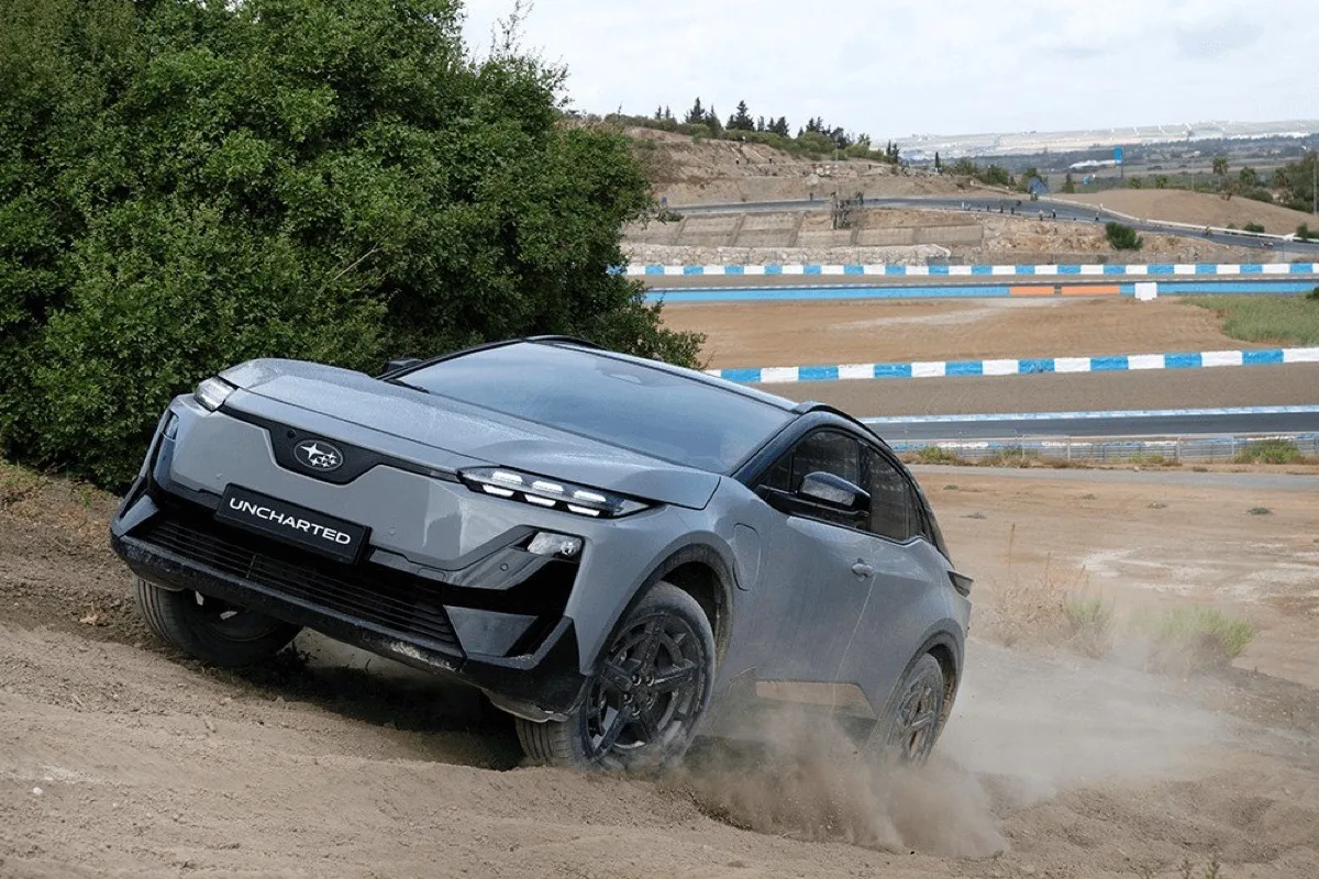 2026 Subaru Uncharted electric SUV front three-quarter view in grey