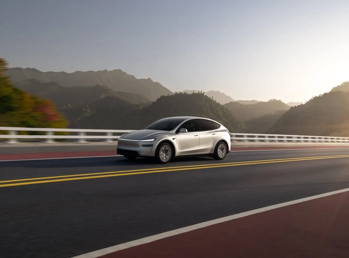 Tesla Model Y L driving on mountain highway at sunrise with mountainous backdrop
