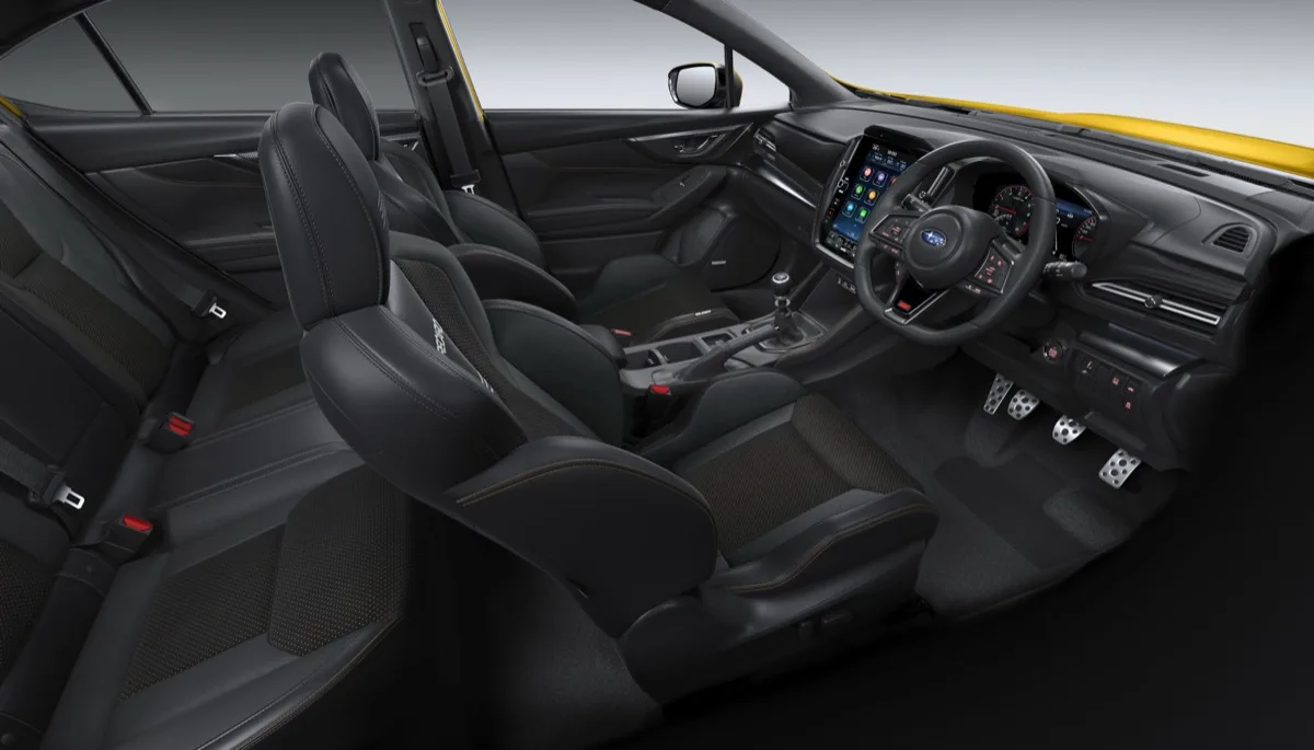 2026 Subaru WRX Club Spec Evo interior cutaway showing Recaro bucket seats with yellow contrast stitching