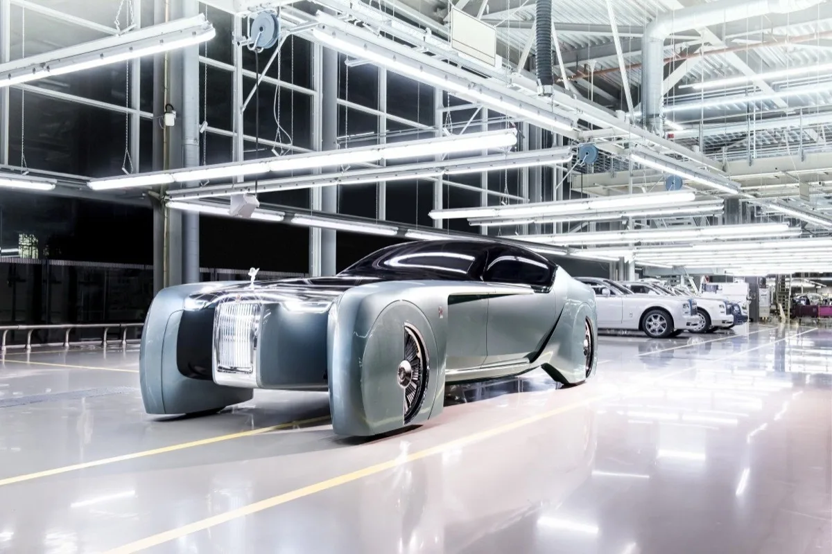 2026 Rolls-Royce 103EX front angle inside Rolls-Royce manufacturing hall