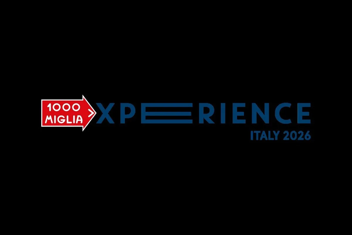 Logo reading 1000 Miglia Xperience Italy 2026 with a red arrow and blue text on black.