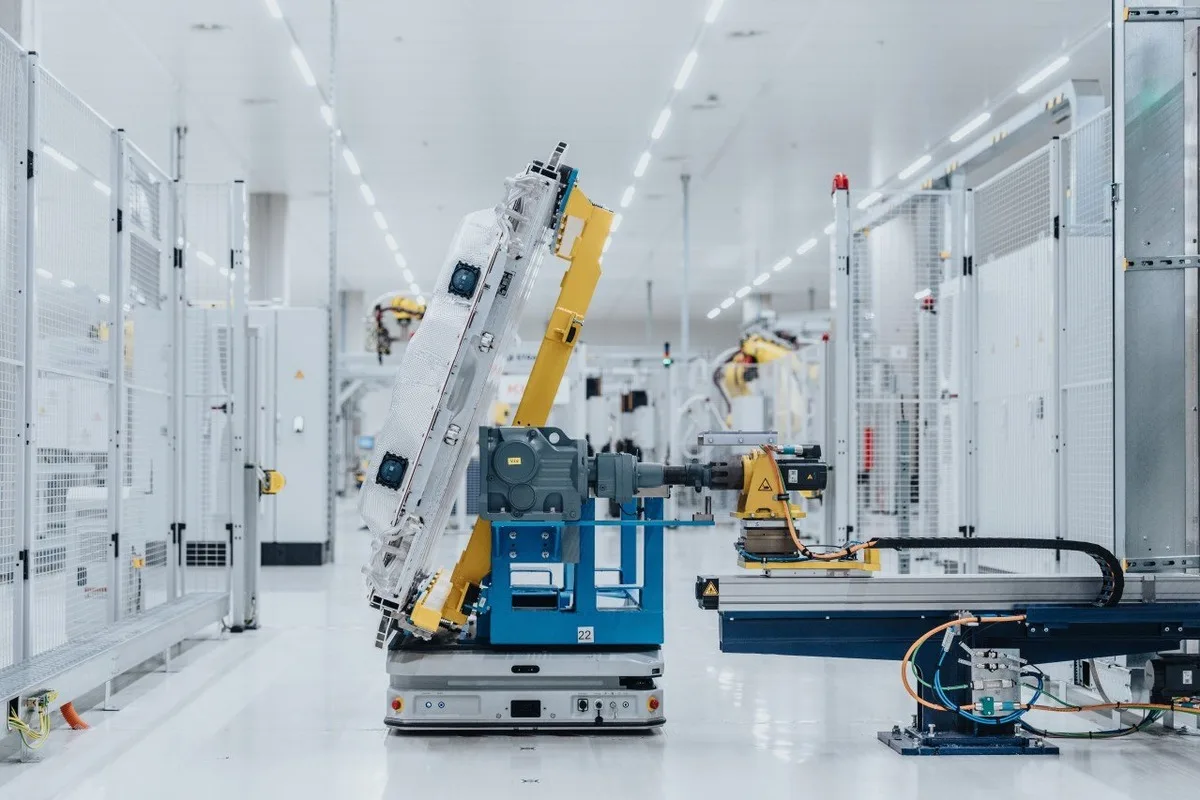 BMW i7 battery pack on production rig at Rimac Technology facility