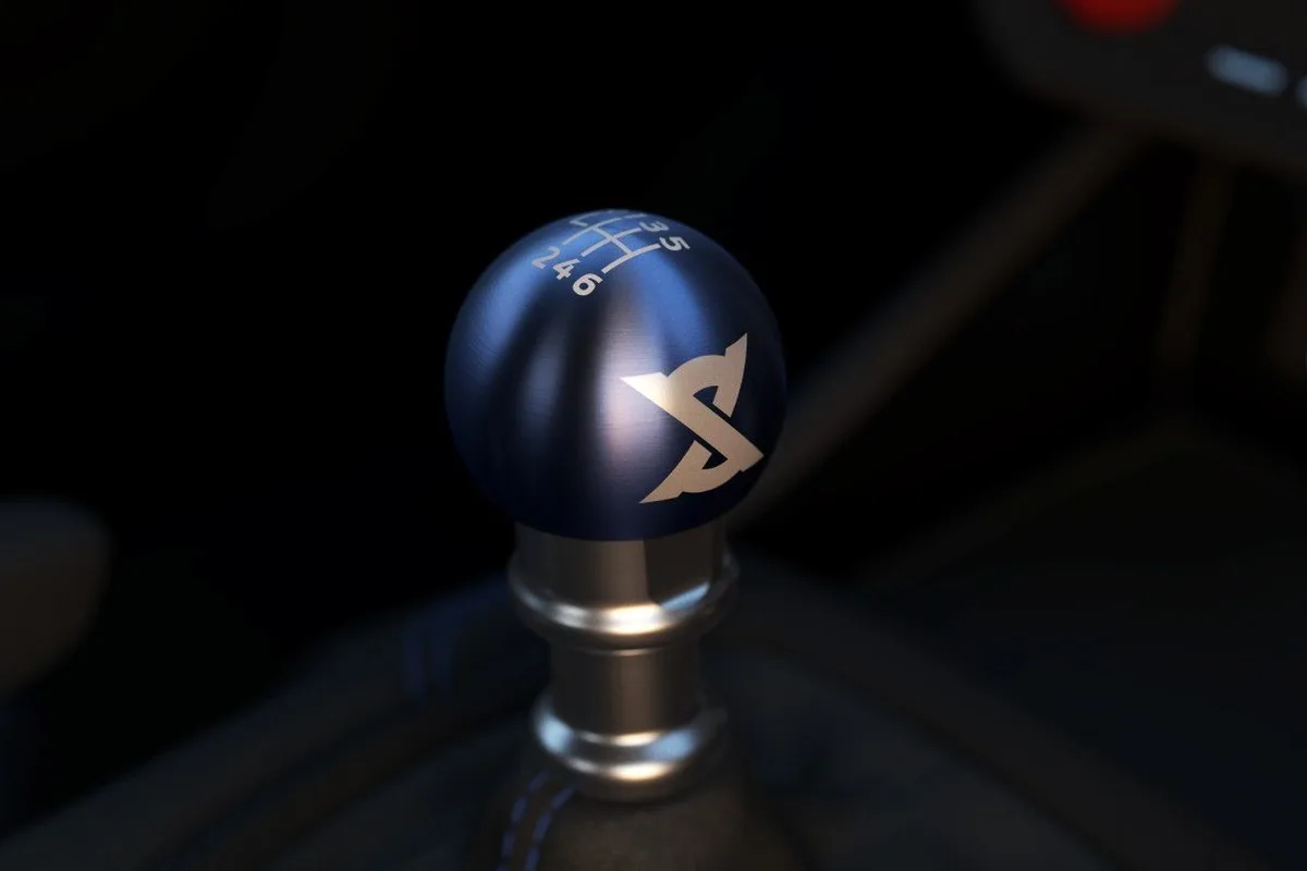 Close-up of the six-speed manual gear shifter inside the Ford Mustang Dark Horse T8-Spec.