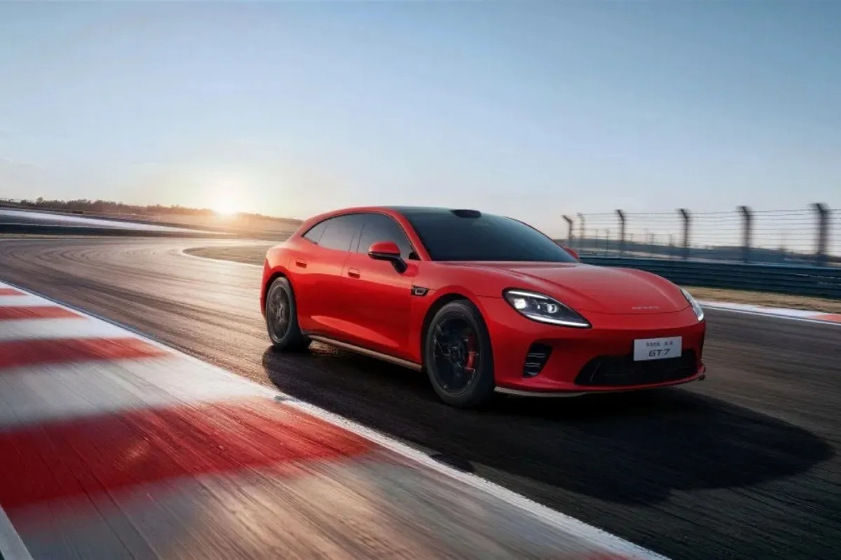 GAC Aistaland GT7 at Auto China 2026 Beijing in a red performance press image