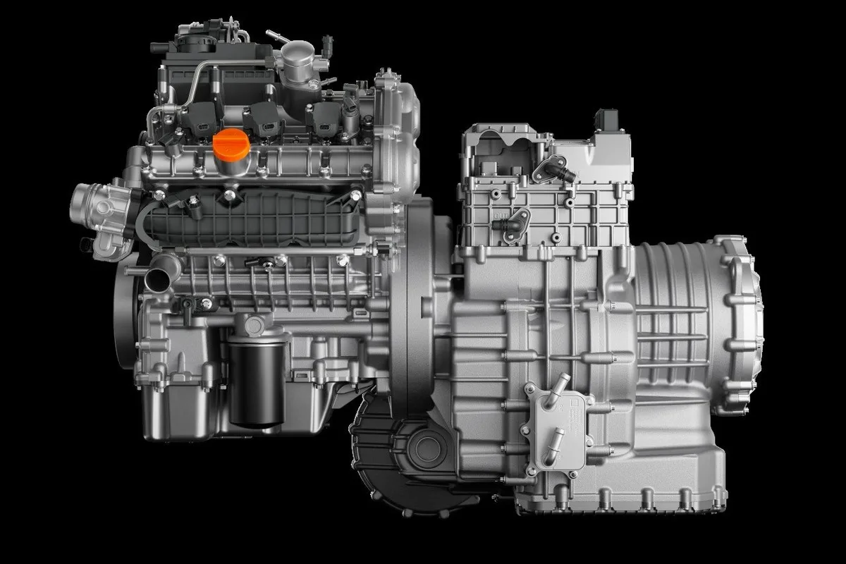 Side view of the Horse W30 engine and 4LDHT hybrid transmission assembly on a black background