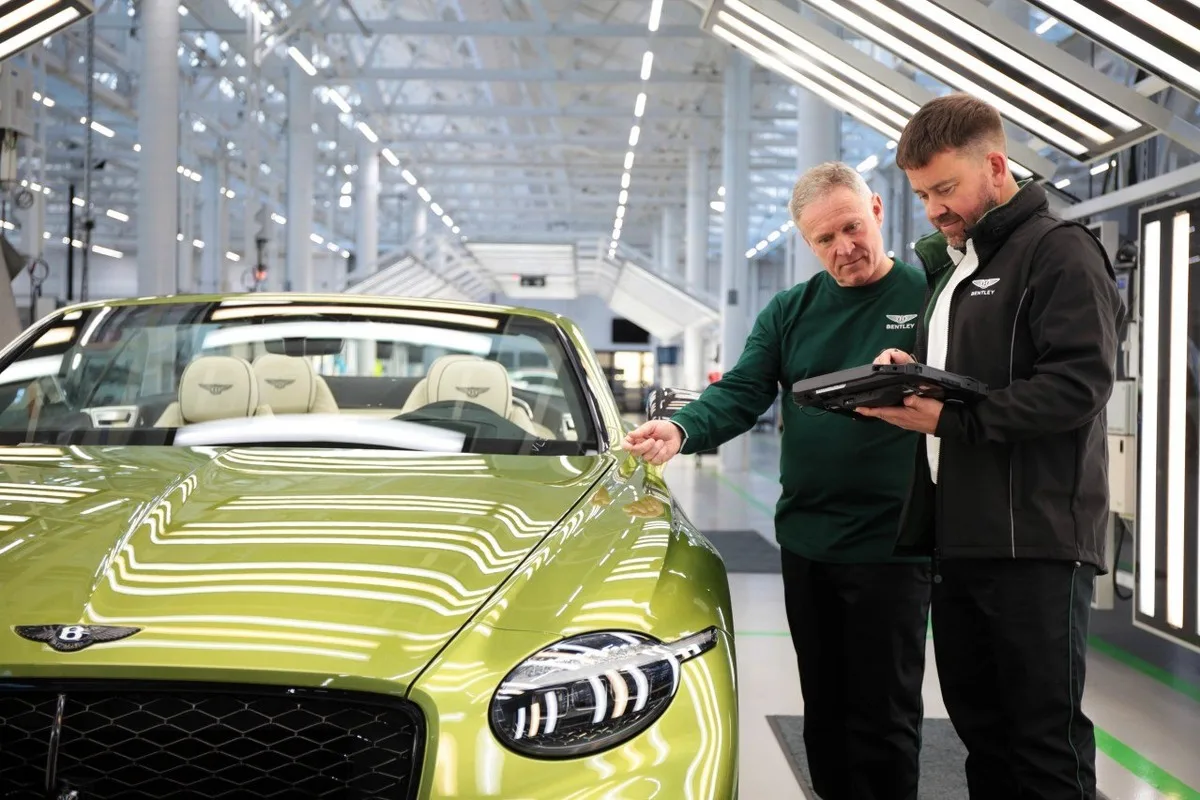 Bentley Continental GTC in green during factory inspection at Crewe
