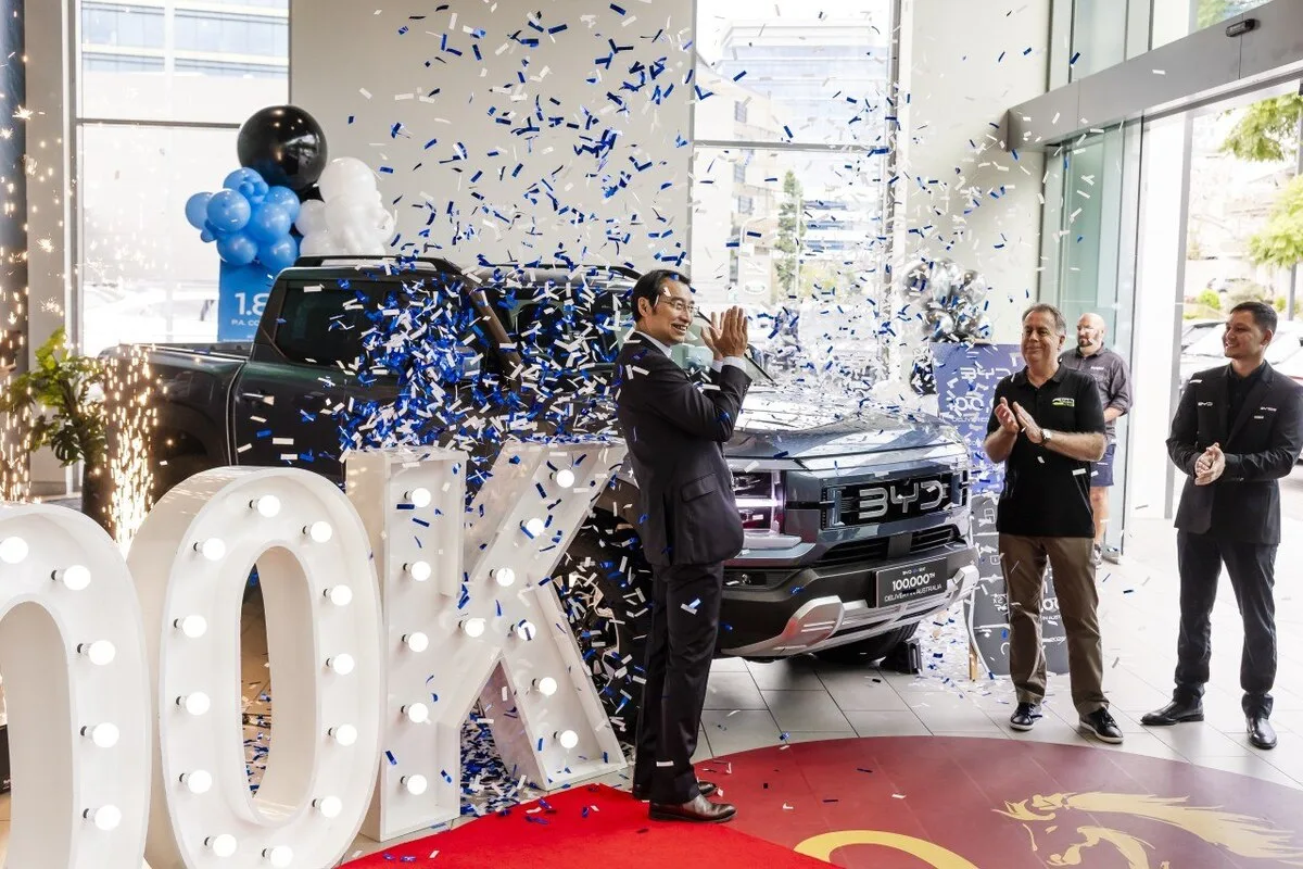 2026 BYD Shark 6 at BYD Australia 100,000th delivery celebration in showroom confetti