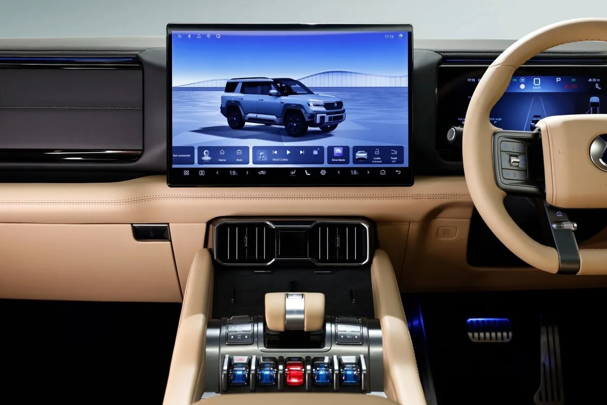Denza B8 dashboard with large central touchscreen, digital cluster, and beige luxury trim