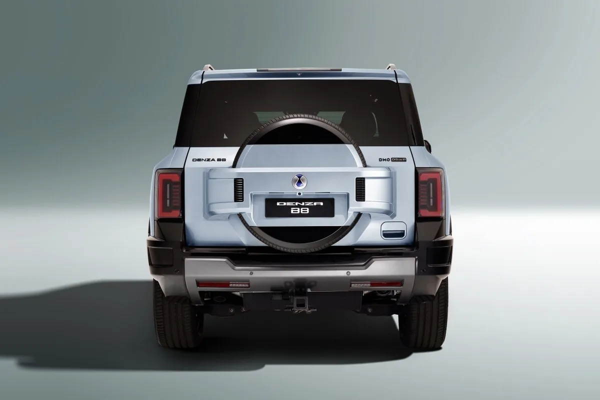 Denza B8 rear studio image showing the spare-wheel-style rear design