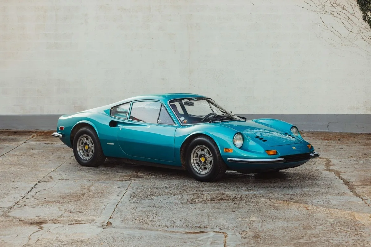 Turquoise Ferrari Dino 246 GT in front three-quarter view
