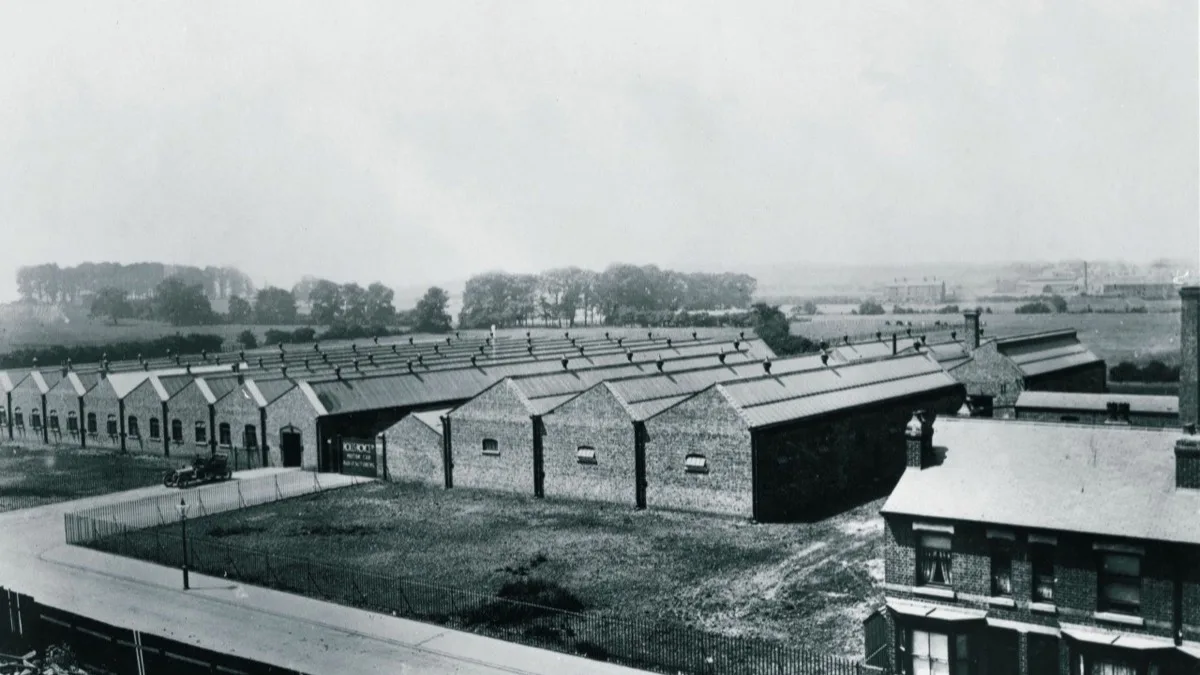 Historic photograph of Rolls-Royce Nightingale Road factory in Derby showing sawtooth roof buildings