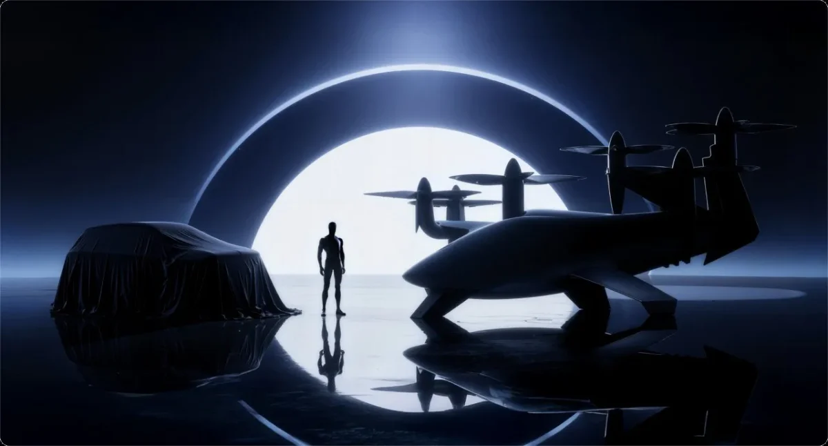 XPENG brand imagery showing silhouette figure, covered vehicle, and flying taxi concept