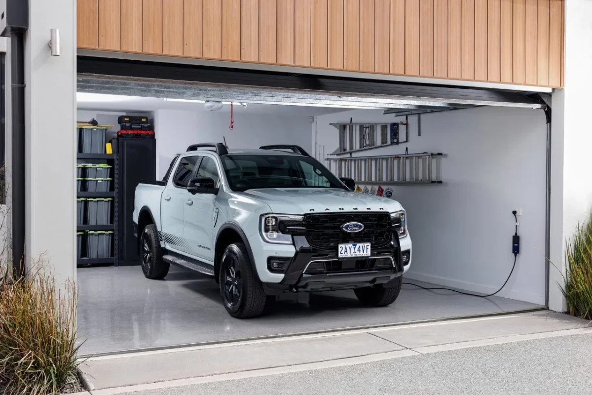 Ford Ranger Hybrid plugged in charging in home garage