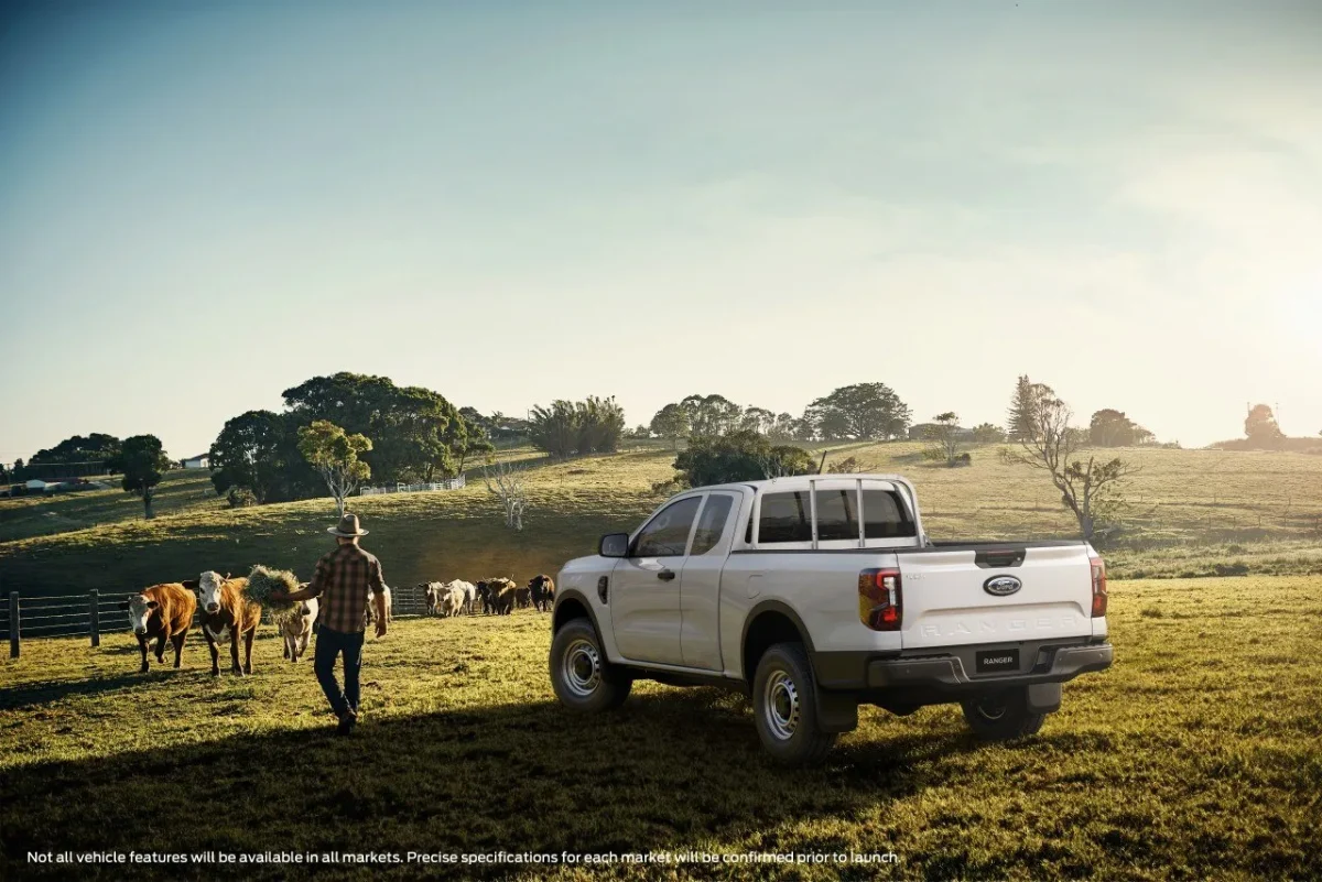 Ford Ranger XL on farm with farmer feeding cattle