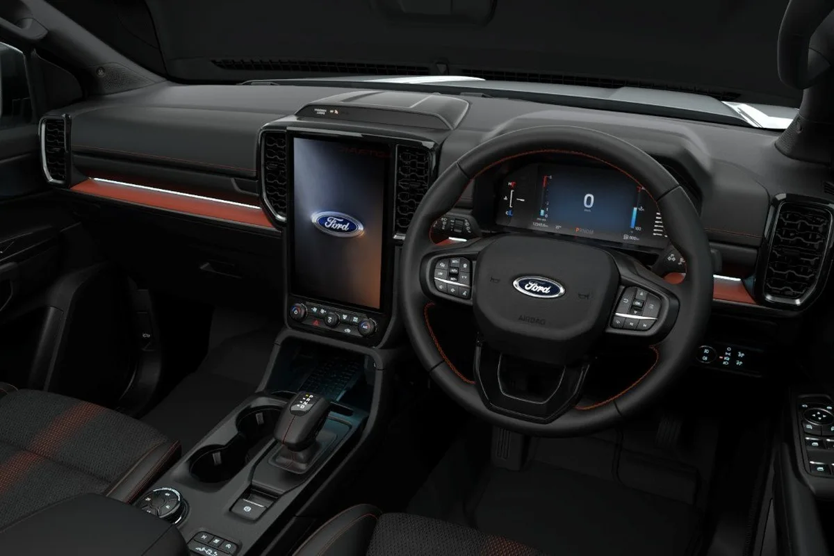 Ford Everest Wildtrak dashboard with vertical touchscreen and orange cabin accents
