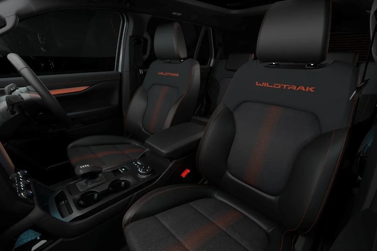Ford Everest Wildtrak front seats with Wildtrak lettering and orange stitching