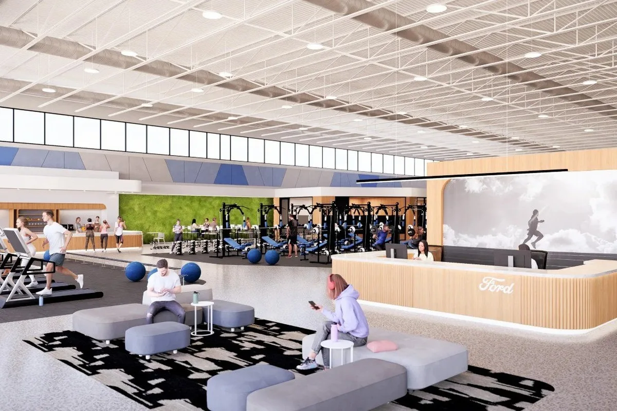 Amenity and lounge area rendering inside Ford World Headquarters South