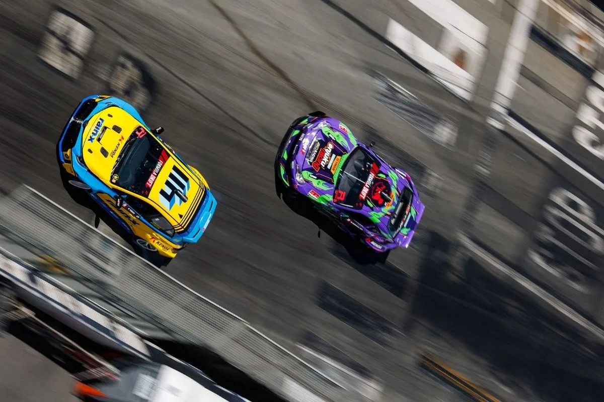 Two Formula Drift cars battle in tandem at Long Beach during Round 1 of 2026