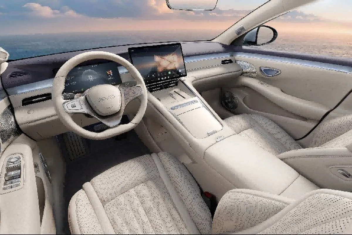 BYD premium light-coloured interior with wide digital display and cream seats