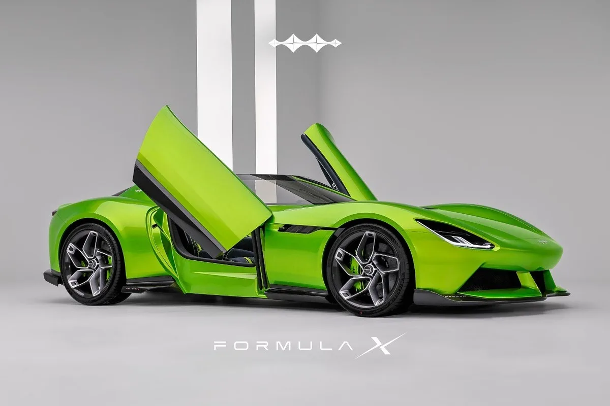 Fangchengbao FORMULA X lime green sports concept with doors raised in a studio